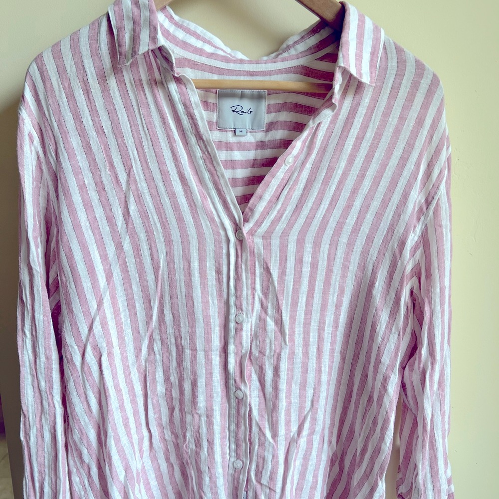Rails Sydney Pink White Stripe rose gold thread Linen Blend Button up Medium